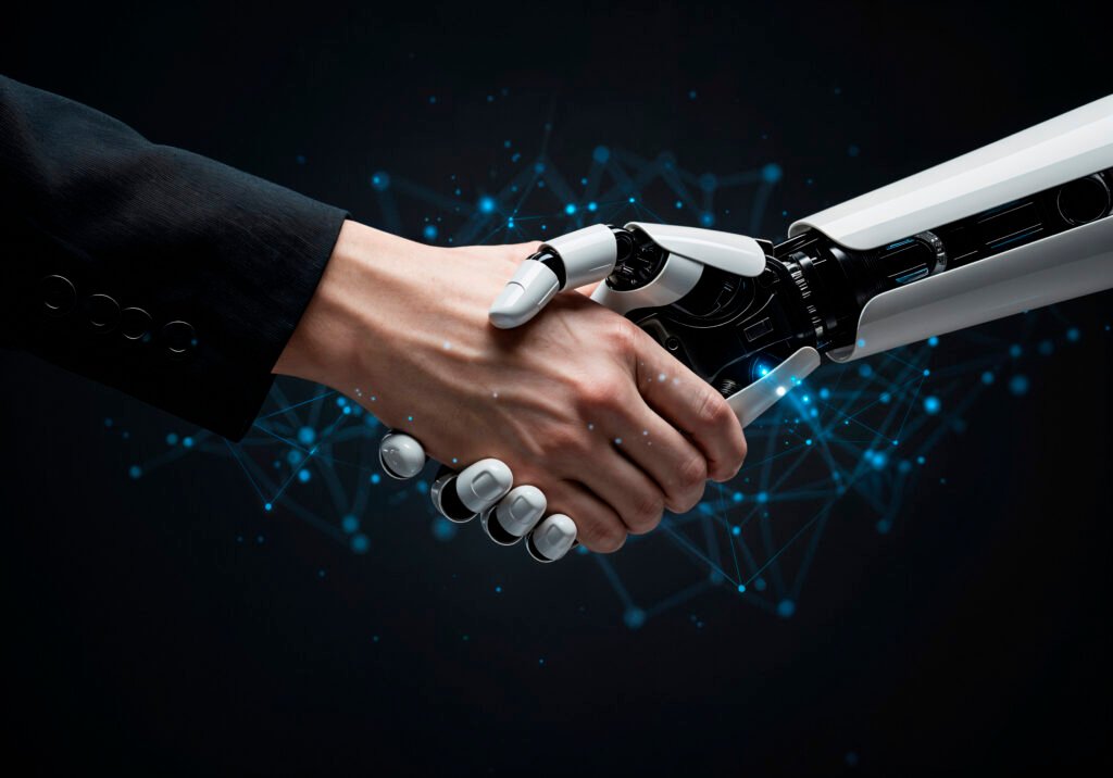 Ethical AI interaction — human and robot handshake symbolising compassionate and fair use of technology