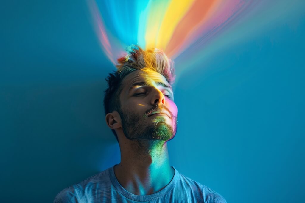 Aperson emmiting rainbow depicting, dopamine boost.