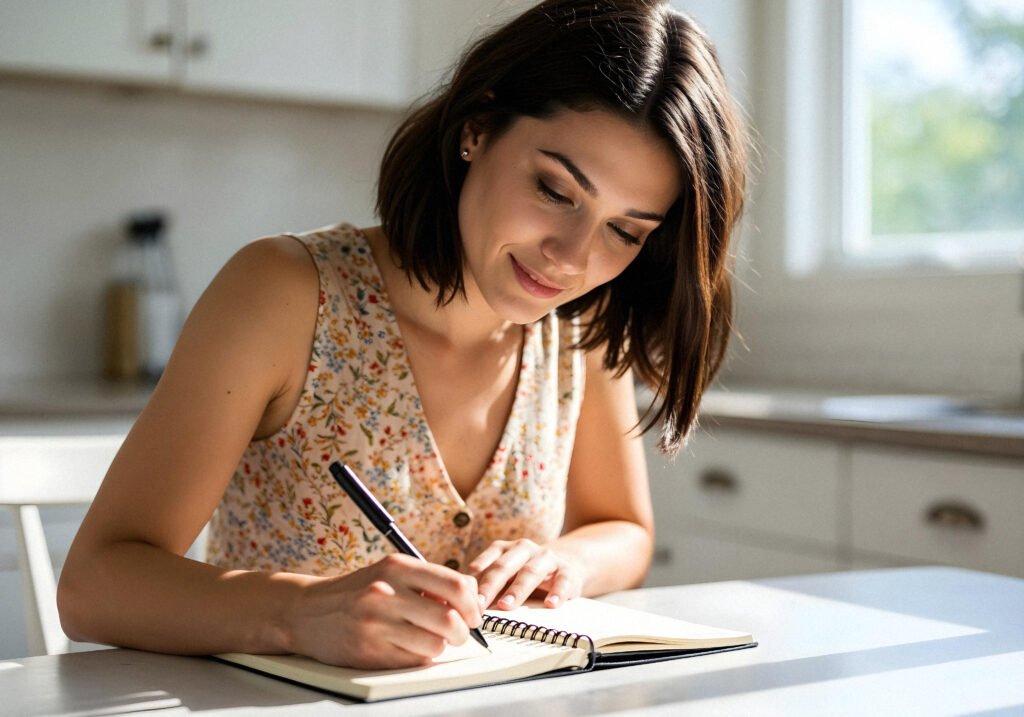 A woman writing Journal showing cognitive reframing.